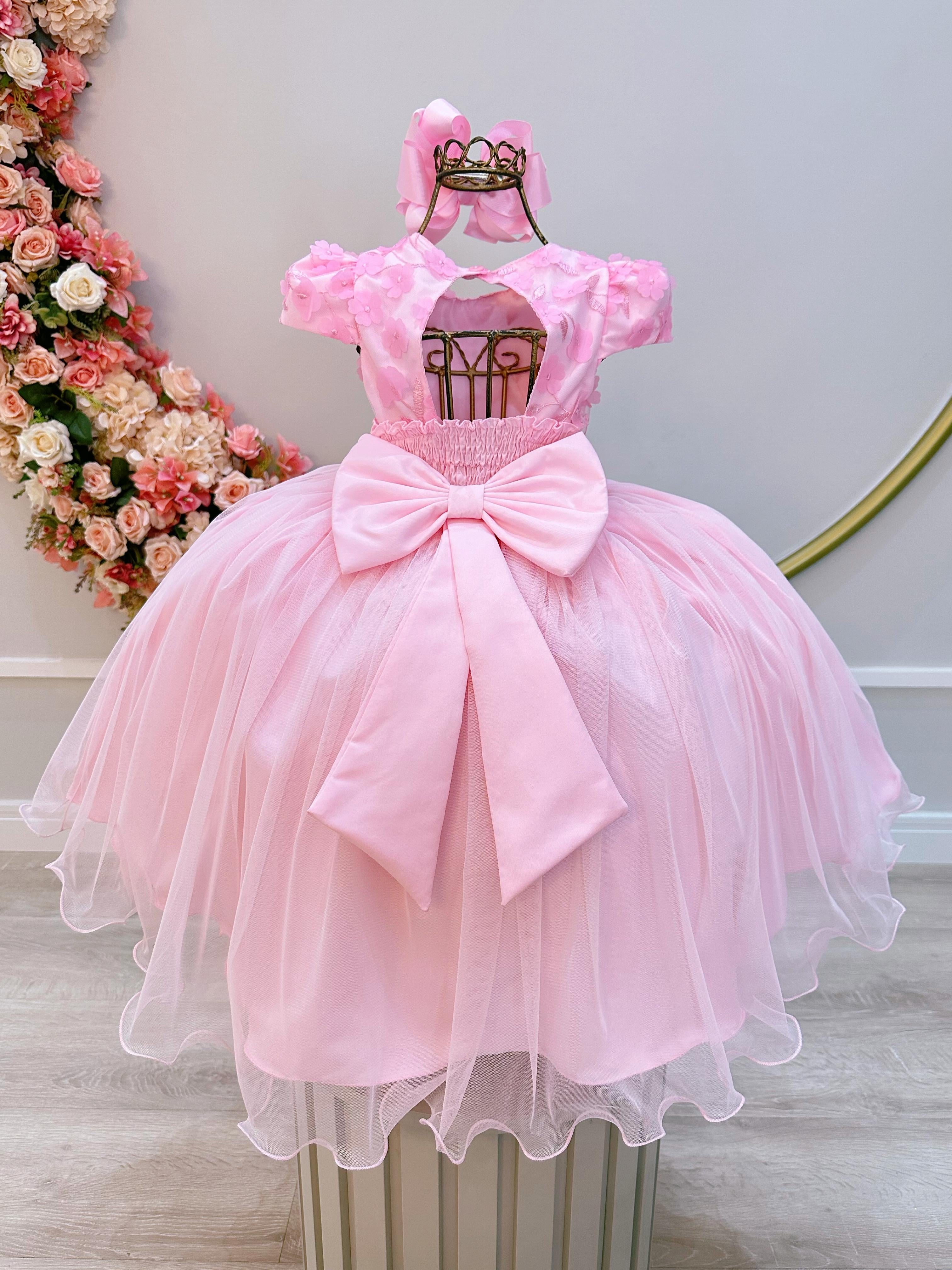 Vestido Infantil Rosa Claro C/ Renda e Aplique de Flores