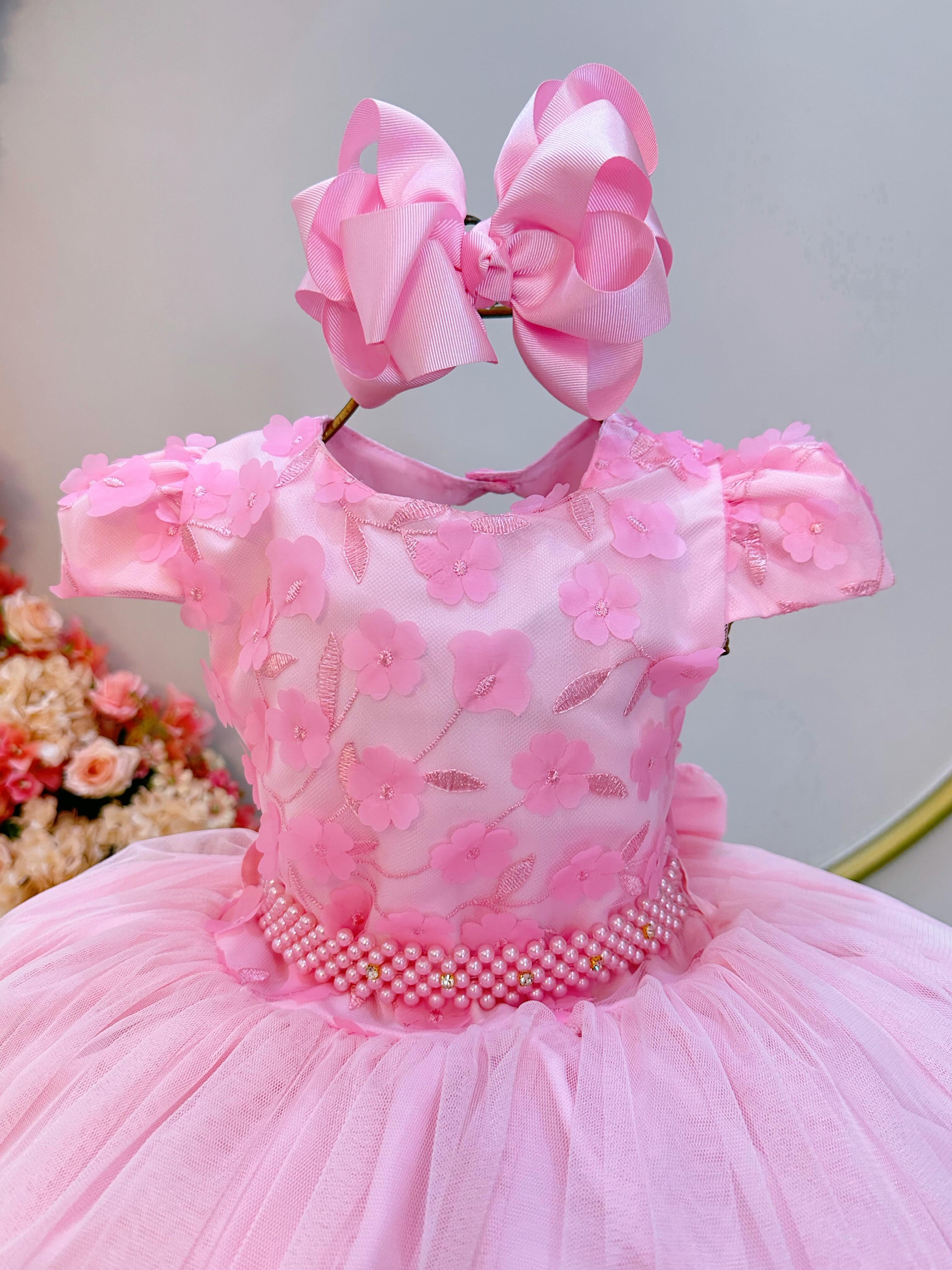 Vestido Infantil Rosa Claro C/ Renda e Aplique de Flores