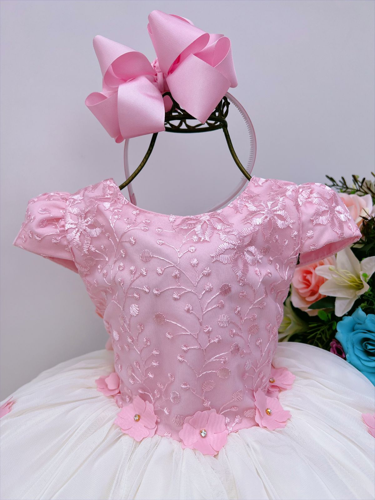 Vestido Infantil Rosa e Off Com Renda e Aplique Luxo
