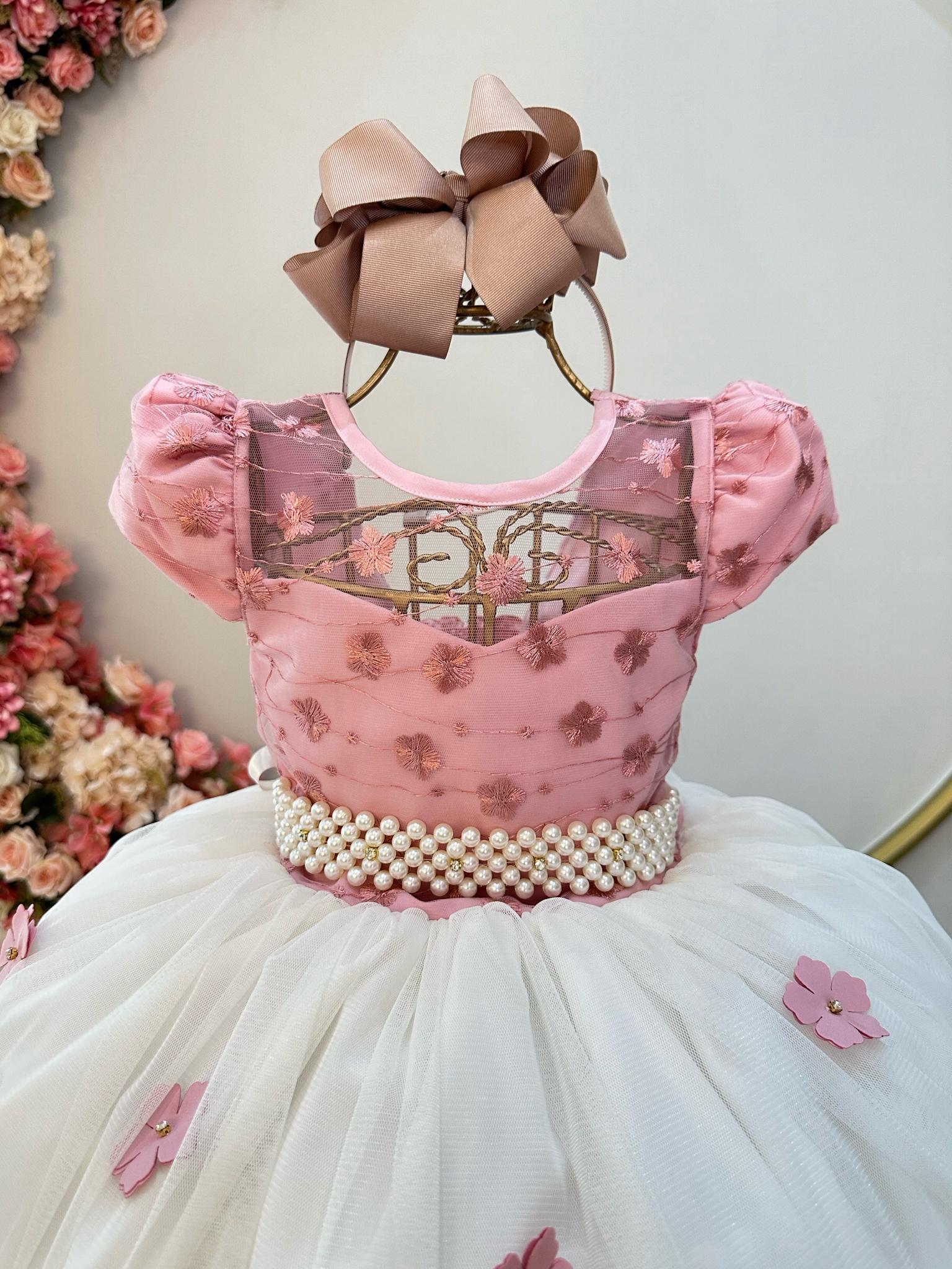 Vestido Infantil Rose Saia Off C/ Renda e Aplique Flores
