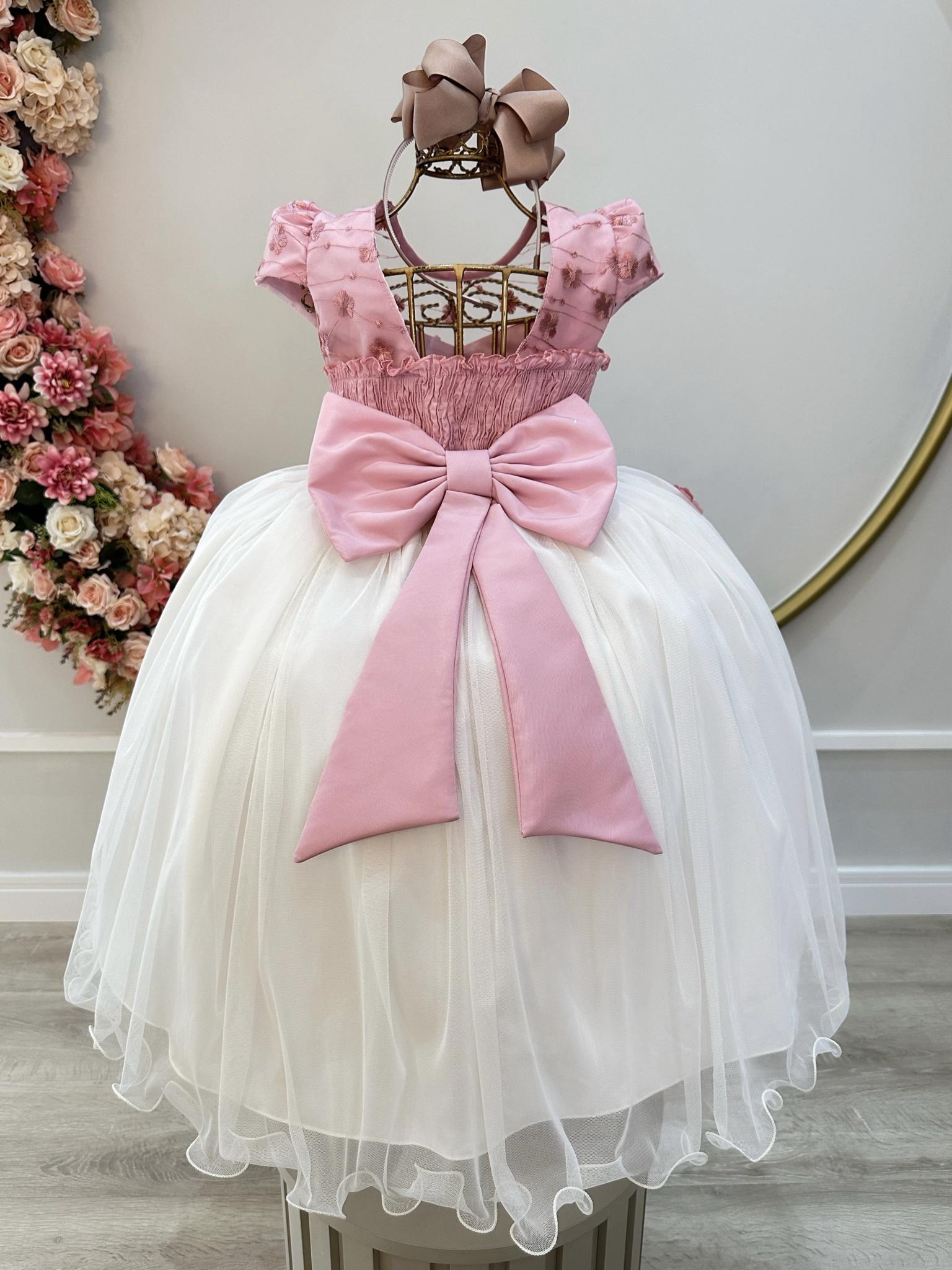 Vestido Infantil Rose Saia Off C/ Renda e Aplique Flores