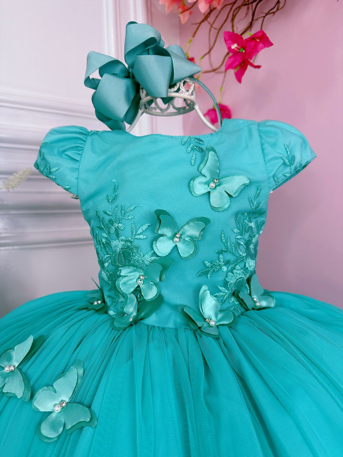 Vestido Infantil Verde C/ Renda C/ Aplique Borboletas Damas