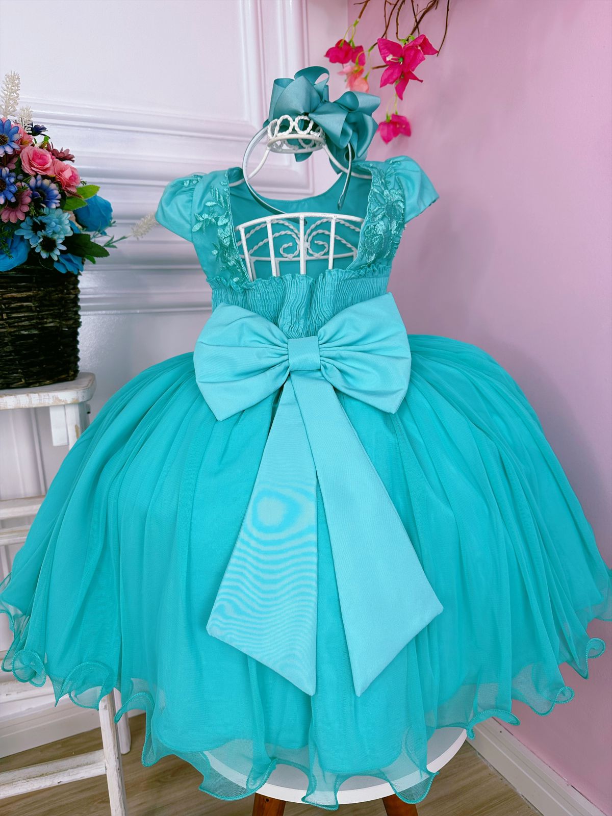 Vestido Infantil Verde C/ Renda C/ Aplique Borboletas Damas
