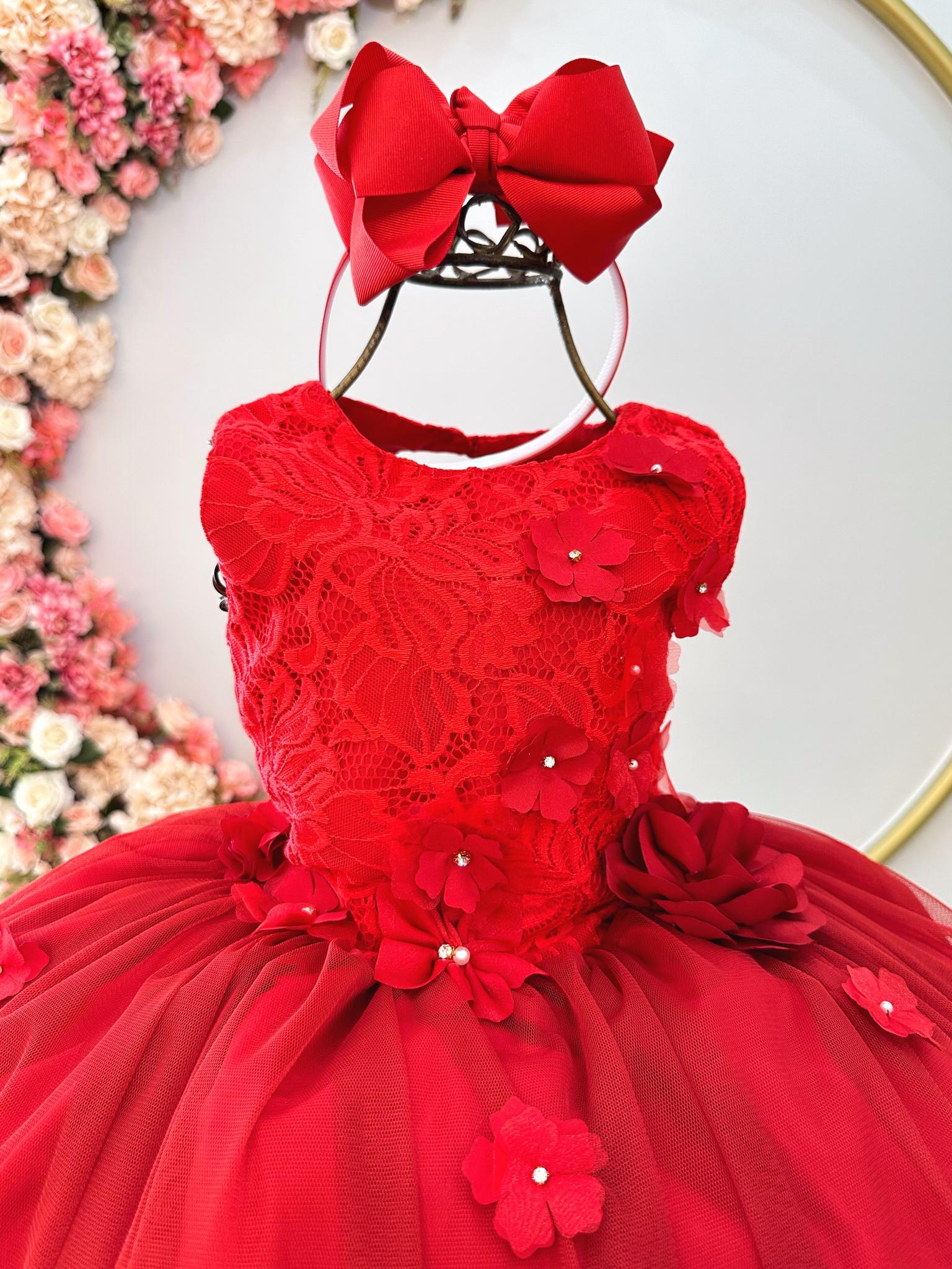 Vestido Infantil Vermelho C/ Renda e Aplique de Flores Damas