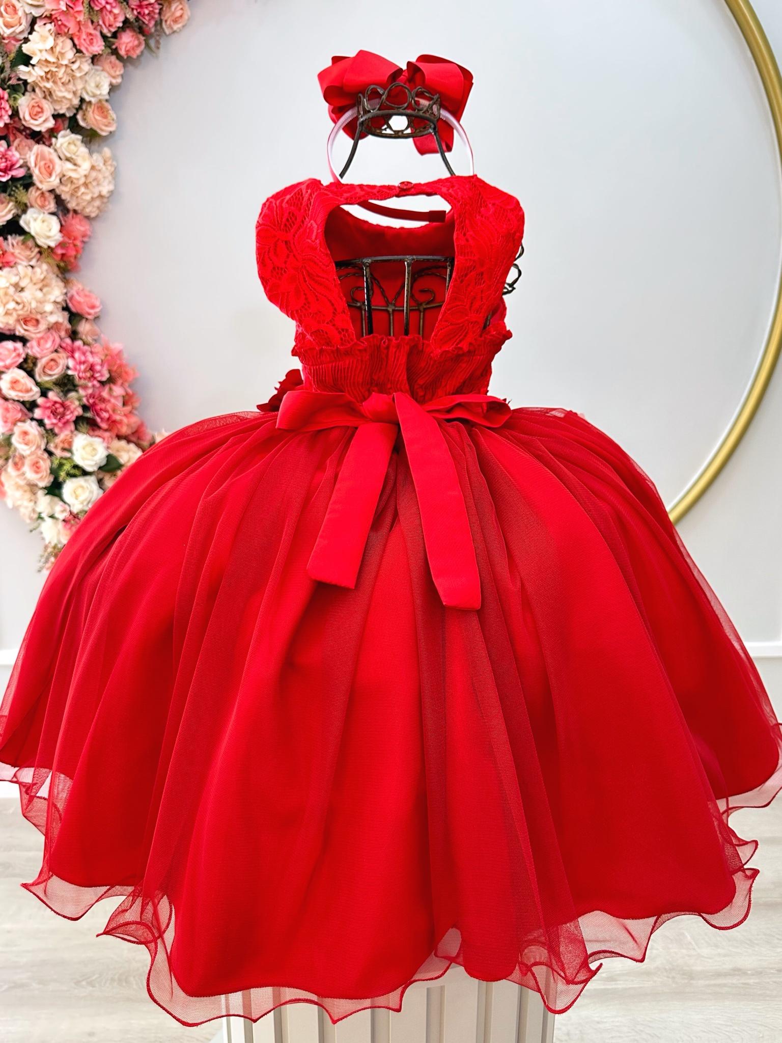 Vestido Infantil Vermelho C/ Renda e Aplique de Flores Damas