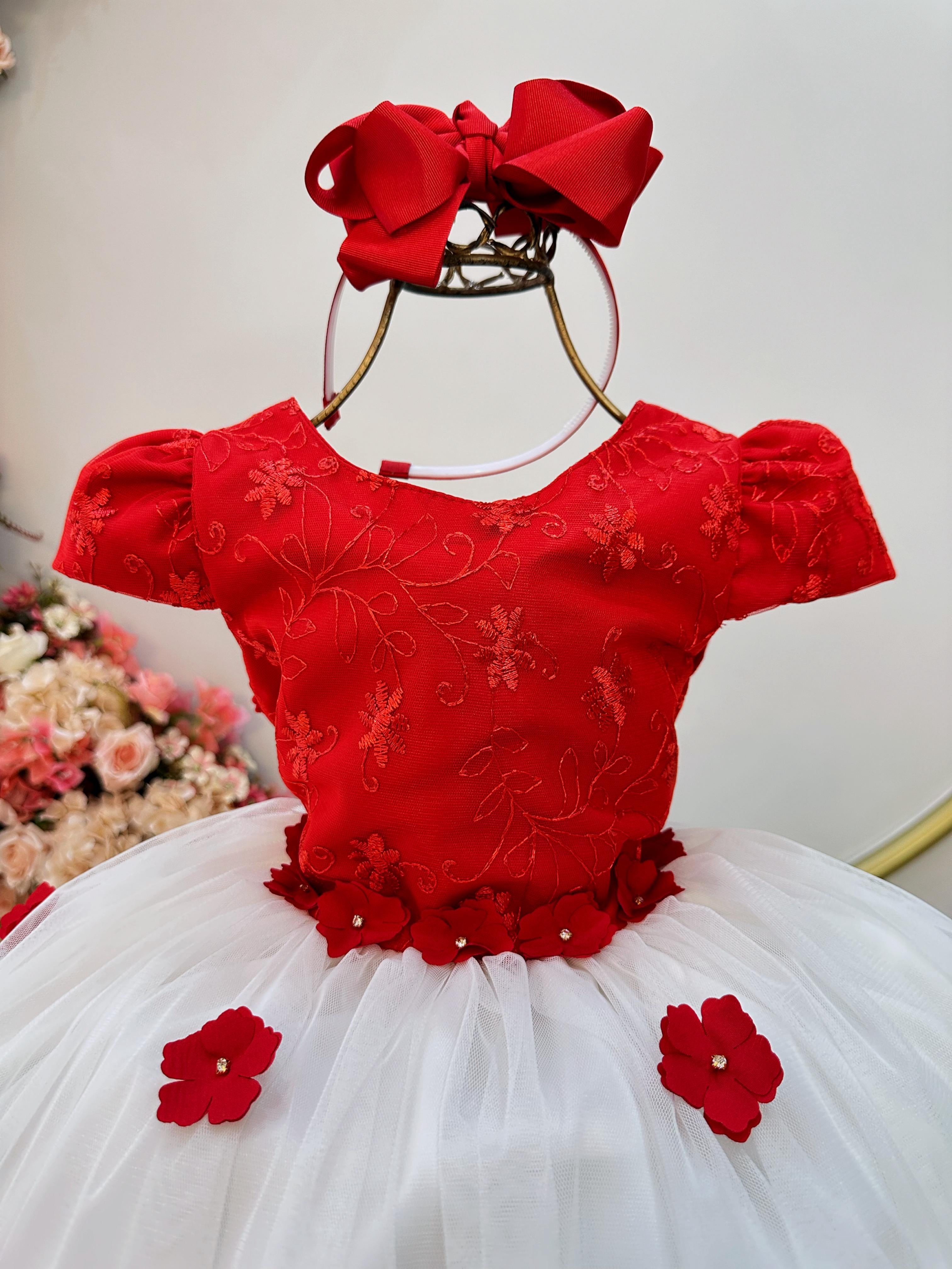 Vestido Infantil Vermelho e Off C/ Apliques Daminhas Festas