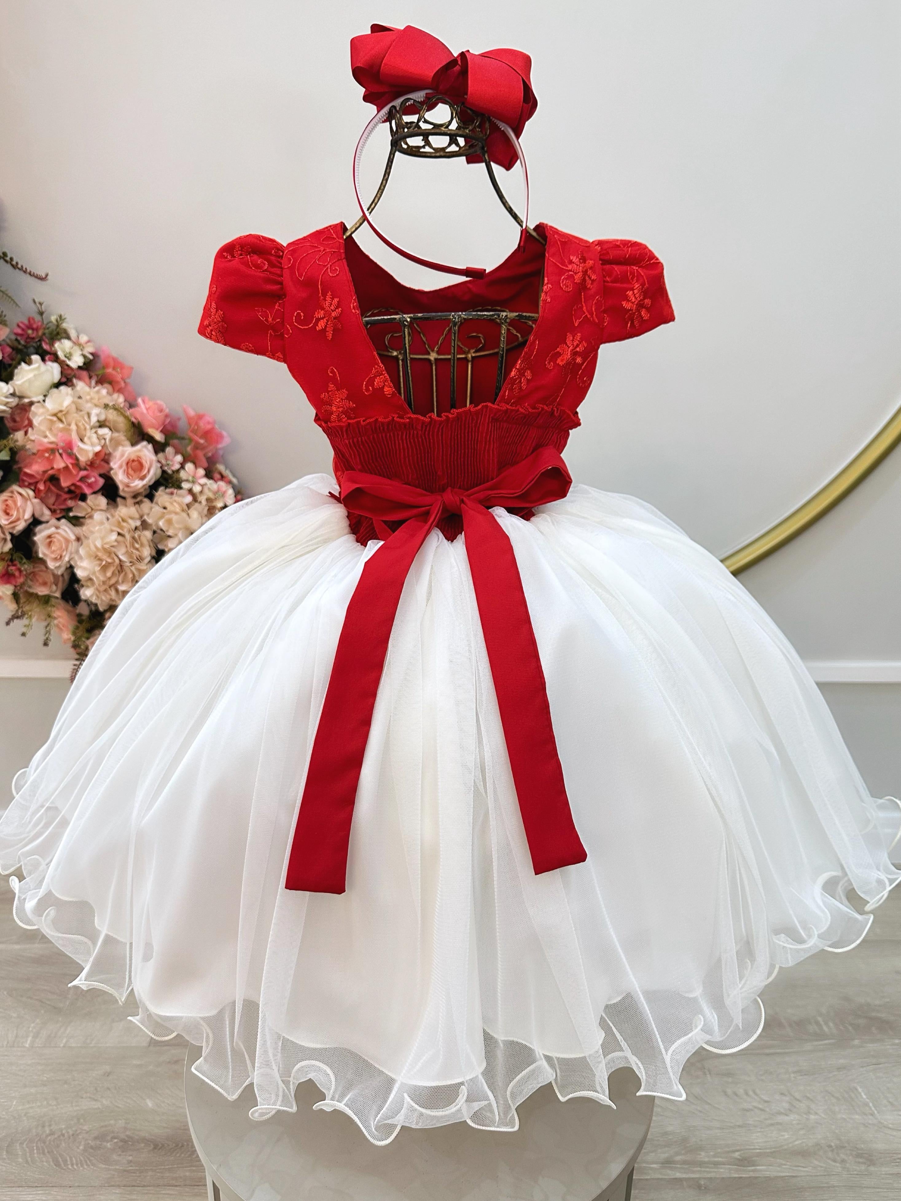 Vestido Infantil Vermelho e Off C/ Apliques Daminhas Festas