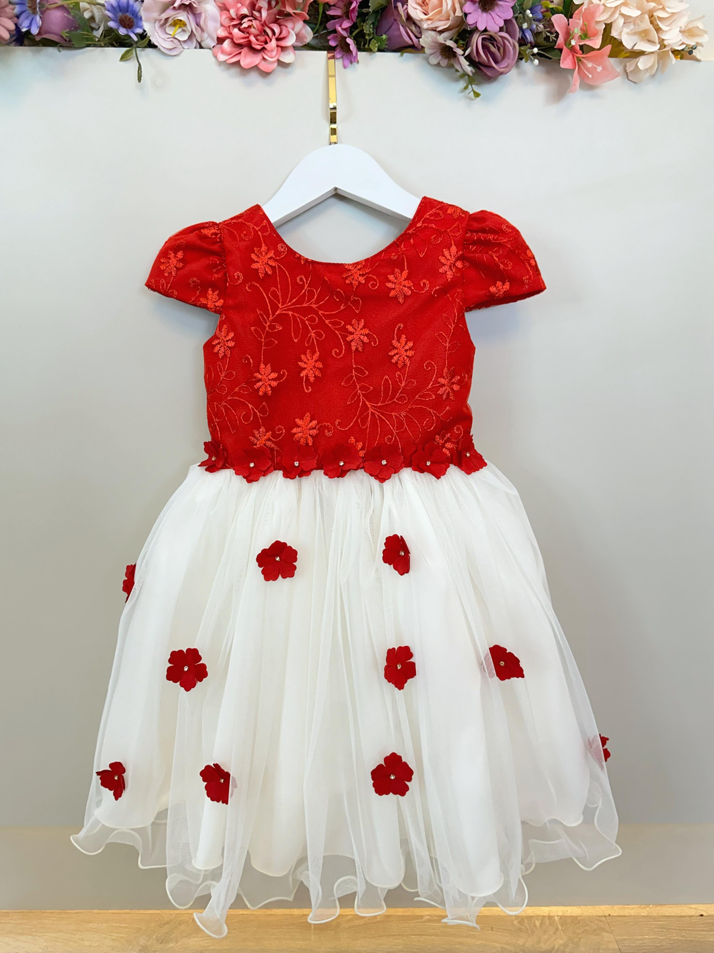 Vestido Infantil Vermelho e Off C/ Apliques Daminhas Festas