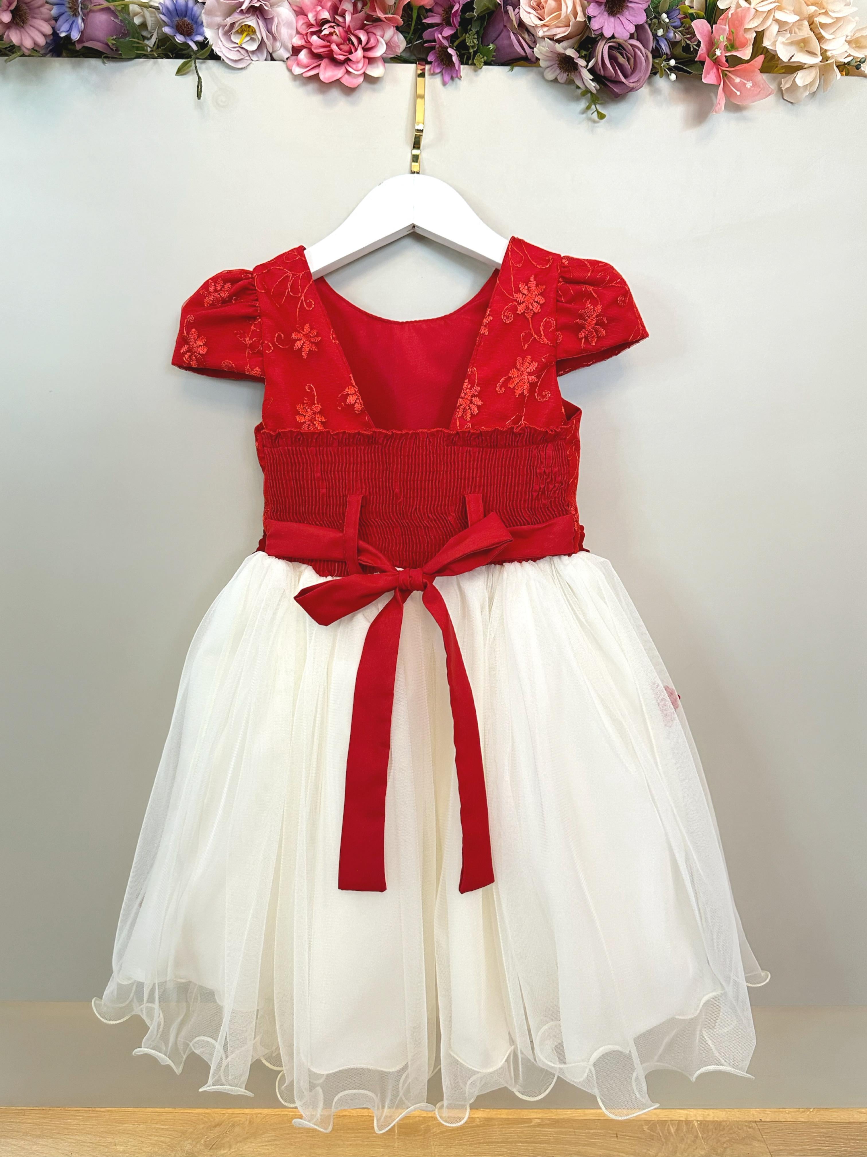 Vestido Infantil Vermelho e Off C/ Apliques Daminhas Festas
