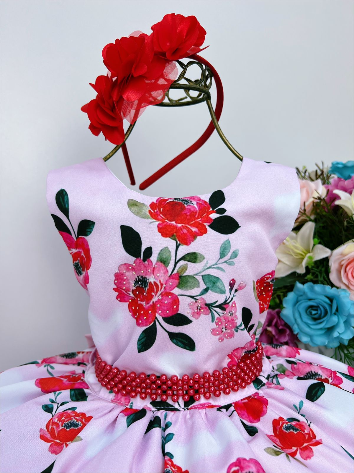 Vestido Infantil Rosa Jardim das Flores Cinto Pérolas Tiara
