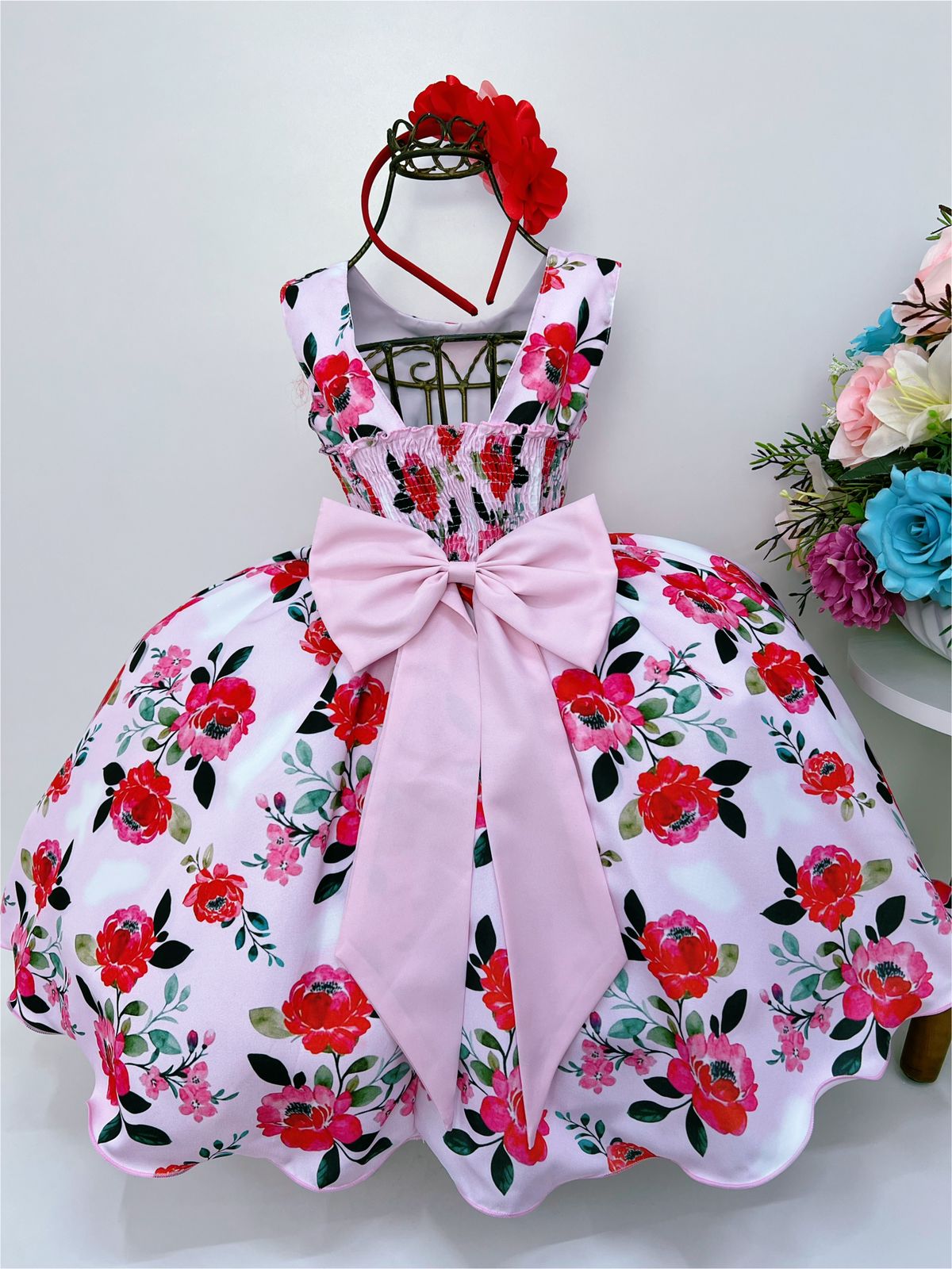 Vestido Infantil Rosa Jardim das Flores Cinto Pérolas Tiara